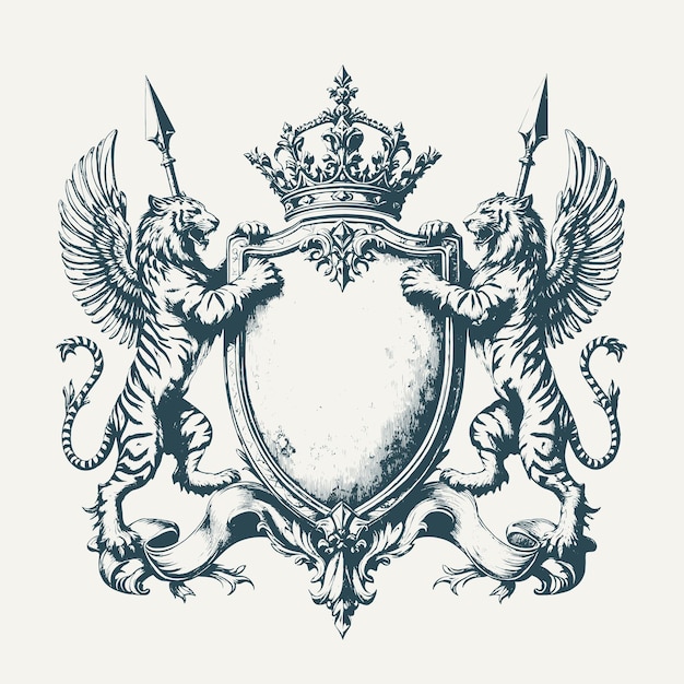 Elegante logotipo vintage con dos tigres alados sosteniendo un escudo coronado por una corona real y lanzas