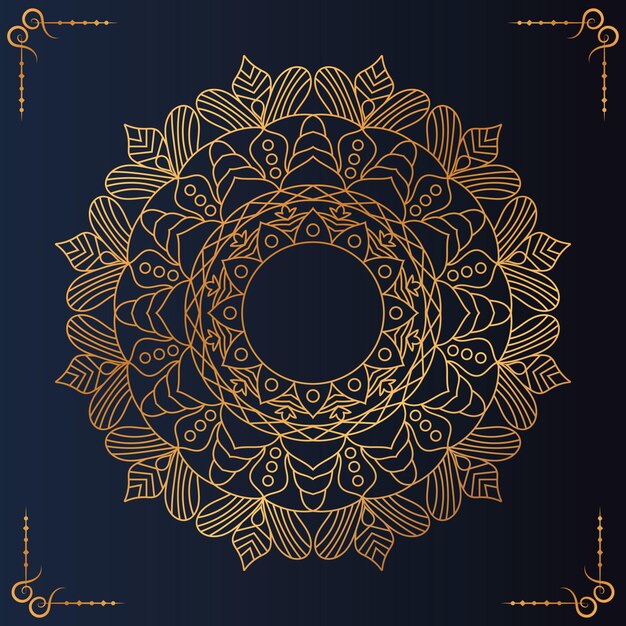 Elegante mandala dorada con fondo azul oscuro