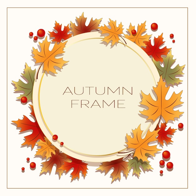 Elegante marco dorado de otoño con coloridas hojas de arce y frutos rojos con espacio para texto