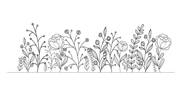 Elegante marco floral dibujado a mano con delicadas flores de pradera hierbas ramas plantas
