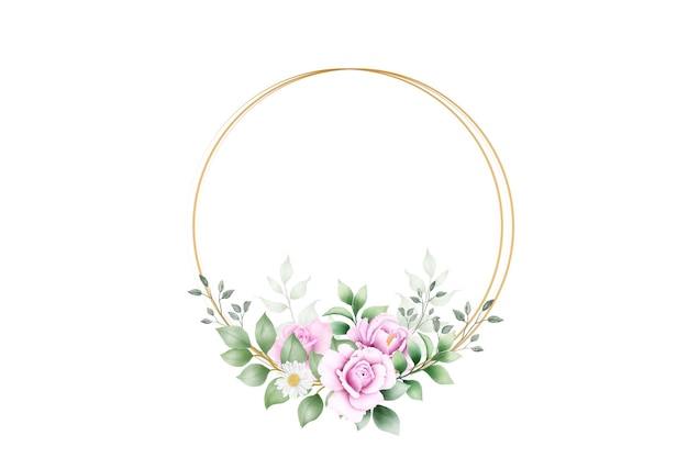 Elegante marco floral con rosas rosas y círculo dorado