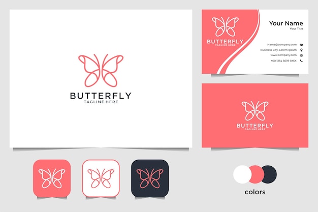 Elegante mariposa con diseño de logotipo de estilo de arte lineal y tarjeta de visita