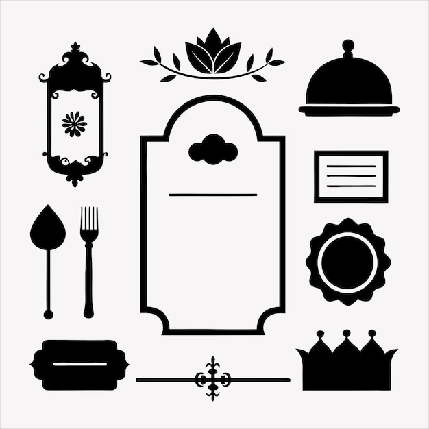 Elegante menú caligráfico dorado y elementos de diseño de invitaciones