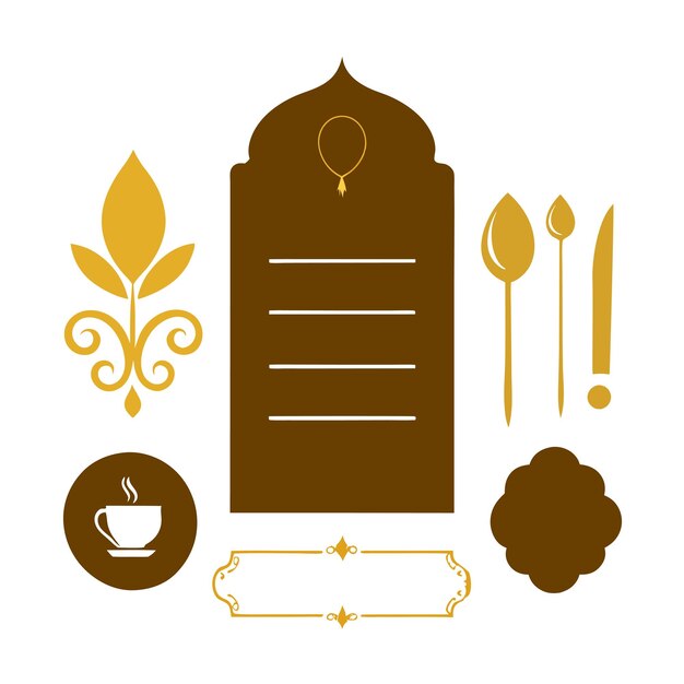 Elegante menú caligráfico dorado y elementos de diseño de invitaciones