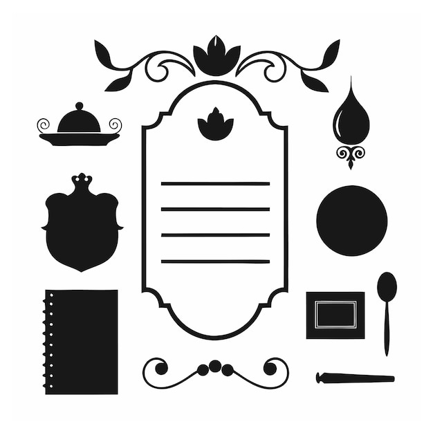 Elegante menú caligráfico dorado y elementos de diseño de invitaciones