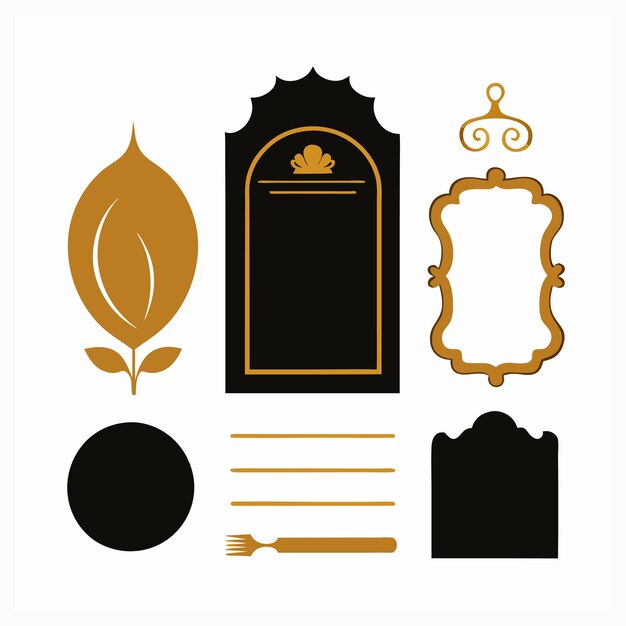 Elegante menú caligráfico dorado y elementos de diseño de invitaciones