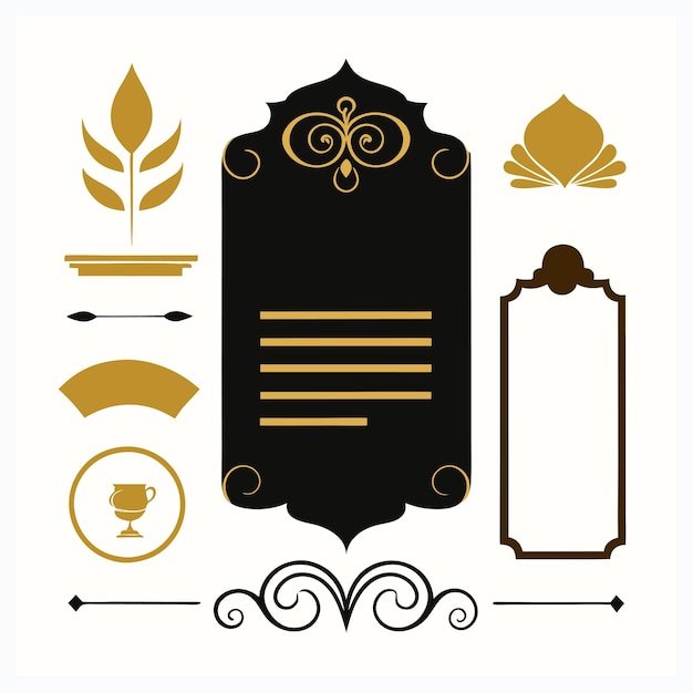 Elegante menú caligráfico dorado y elementos de diseño de invitaciones