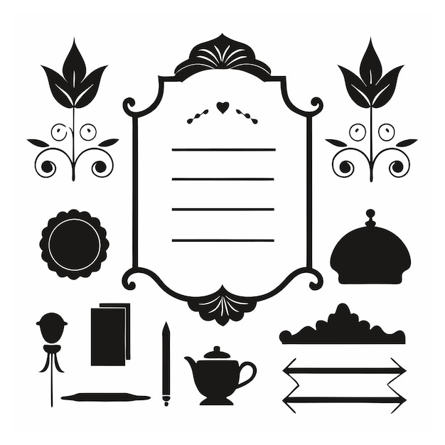 Elegante menú caligráfico dorado y elementos de diseño de invitaciones