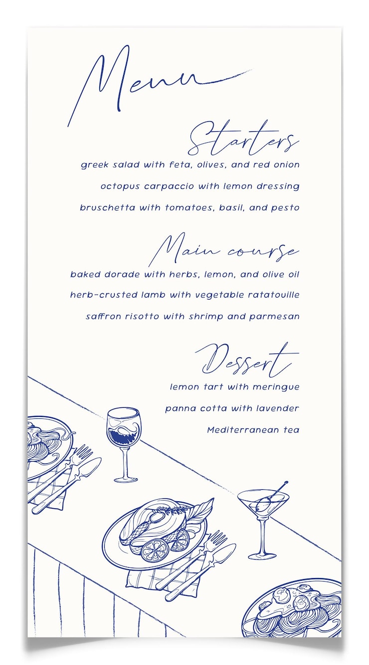 Vector elegante menú de restaurante mediterráneo dibujado a mano
