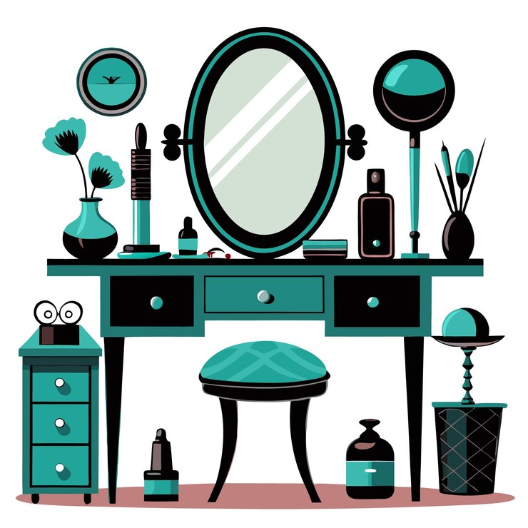 Vector una elegante mesa de vanidad con varios productos de belleza y decoración