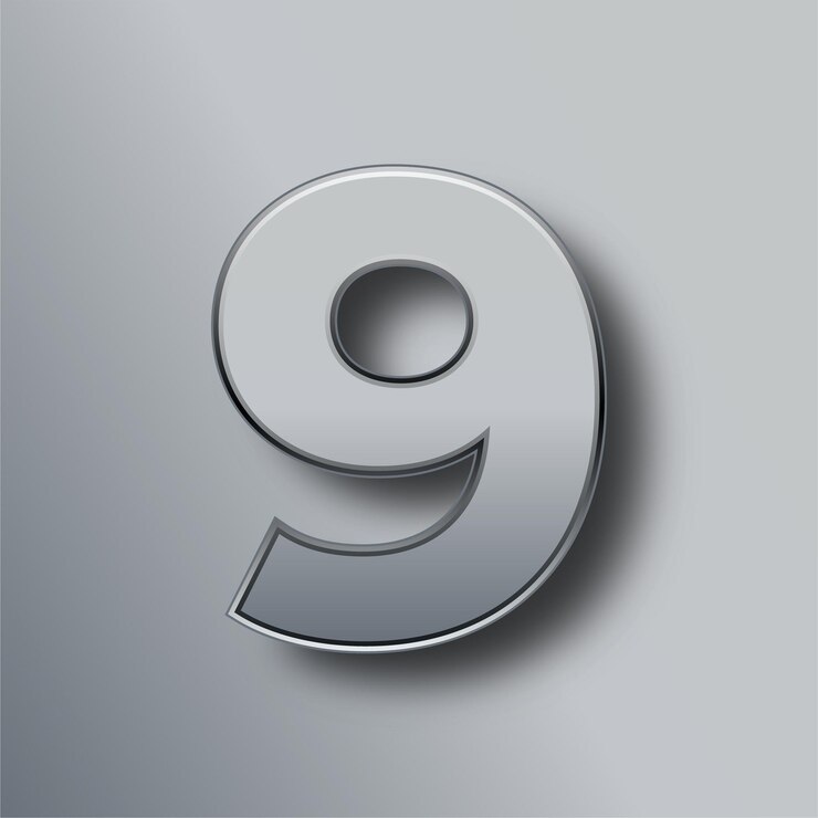 Vector elegante metal plateado número 9 con fondo gris