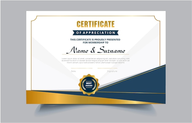 Elegante modelo de certificado de diploma azul y dorado