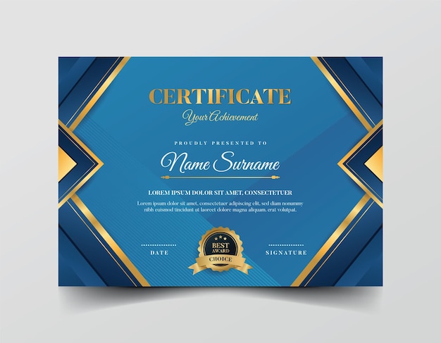 Elegante modelo de diseño minimalista de certificado de logro azul y dorado