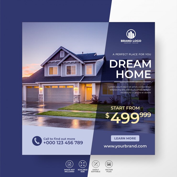 Vector elegante moderno casa de sueño inmobiliaria plantilla para post de redes sociales en venta