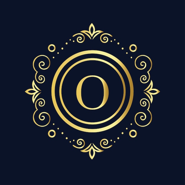 Elegante monograma dorado con la letra O y un logotipo con intrincados adornos sobre un fondo azul oscuro