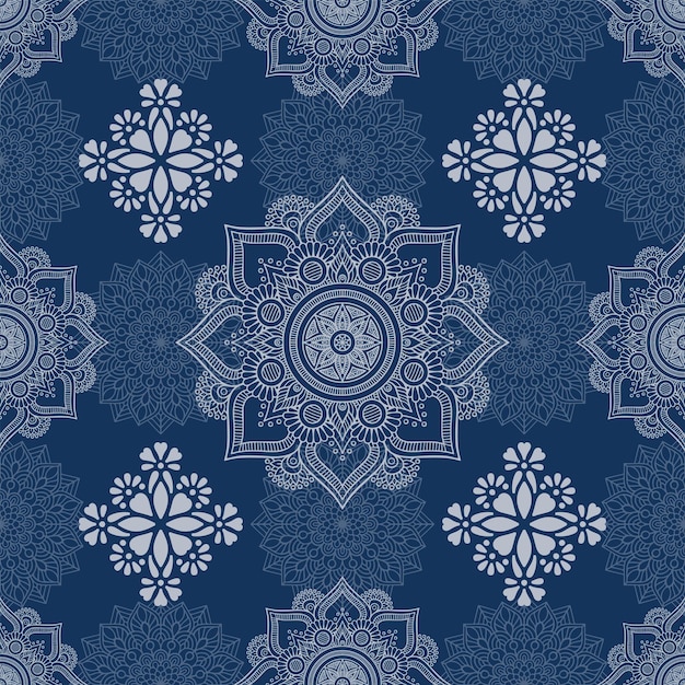 Elegante motivo floral de mandala sobre un fondo azul profundo
