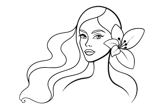 Elegante mujer con líneas artísticas con flores en el cabello
