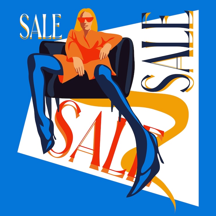 Vector elegante mujer de moda con cabello en desarrollo estricta dama de negocios descuento black friday o venta