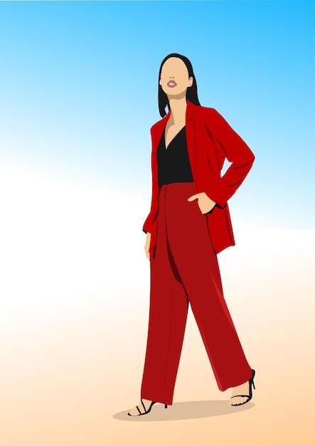 Una elegante mujer de negocios avanza con confianza con un traje rojo vibrante y una camiseta negra