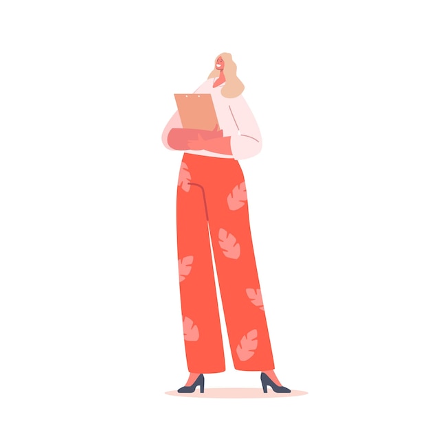 Elegante mujer de negocios en ropa informal con portapapeles en las manos Personaje femenino en camisa y pantalón rojo aislado sobre fondo blanco Mujer soltera positiva Dibujos animados Personas Vector Ilustración