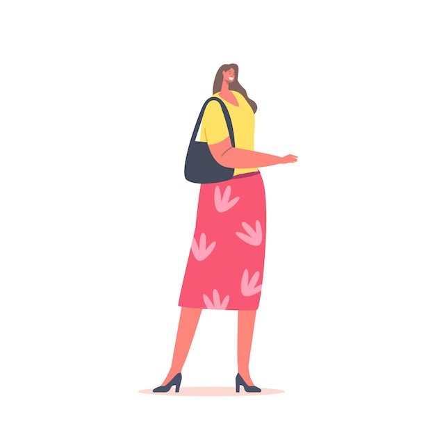 Elegante mujer vestida con trajes de moda Falda rosa con estampado floral y blusa amarilla y bolso de mano con zapatos de tacón