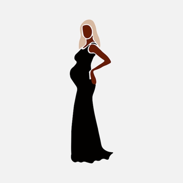 elegante, negro, mujer embarazada, en, elegante, línea, arte, estilo, vector