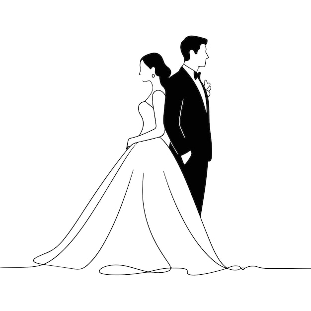 Elegante novia y novio Ilustración de boda Arte minimalista en blanco y negro