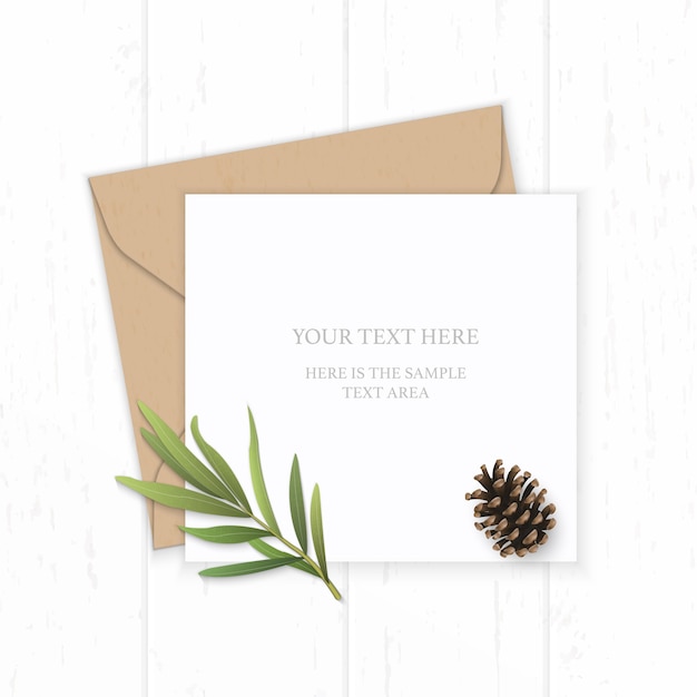 Elegante papel de carta con hoja de estragón y piña sobre fondo de madera