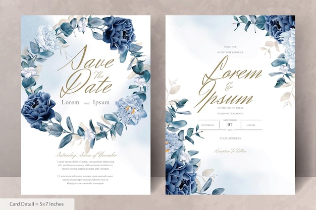 Vector elegante papelería de boda con corona floral de acuarela con flores y hojas azul marino