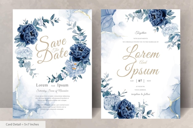 Elegante papelería de boda con corona floral de acuarela con flores y hojas azul marino