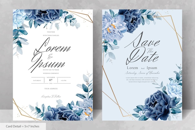 Vector elegante papelería de boda con marco floral de acuarela con flores y hojas azul marino