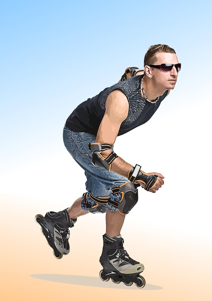 Vector el elegante patinador con equipo de protección y gafas de sol disfruta de deslizarse en patines en línea en un día soleado