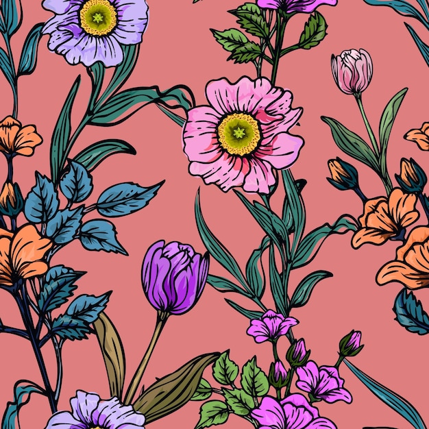 Elegante patrón sin costuras de colores dibujado a mano con ilustración de diseño floral botánico