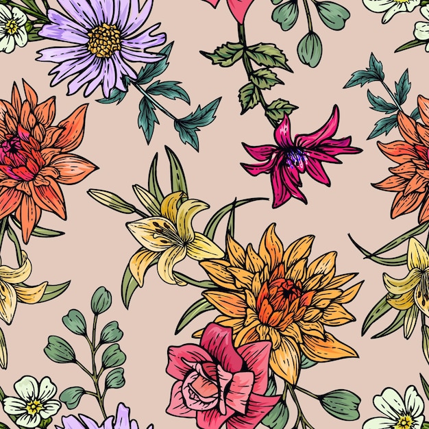 Elegante patrón sin costuras de colores dibujado a mano con ilustración de diseño floral botánico