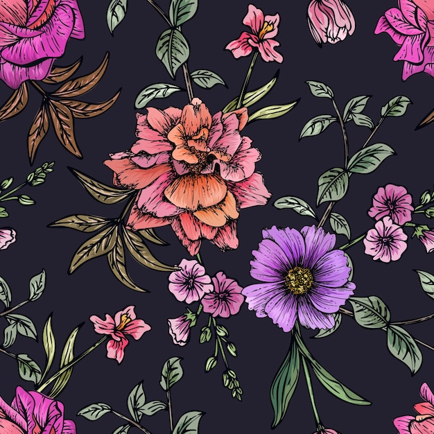Elegante patrón sin costuras de colores dibujado a mano con ilustración de diseño floral botánico