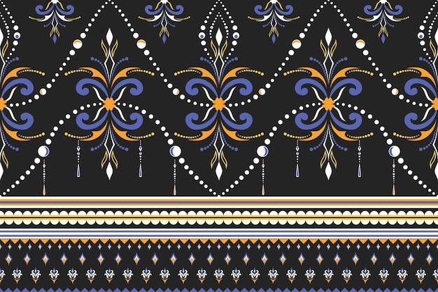 Elegante patrón sin costuras étnico en tonos dorados y azules oscuros Perfecto para impresiones textiles de moda