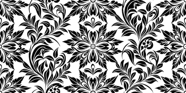 Elegante patrón de damasco floral en blanco y negro
