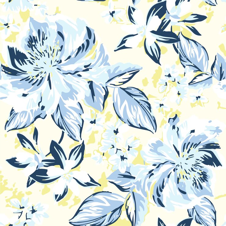 Elegante patrón floral sin costuras en azul blanco y amarillo