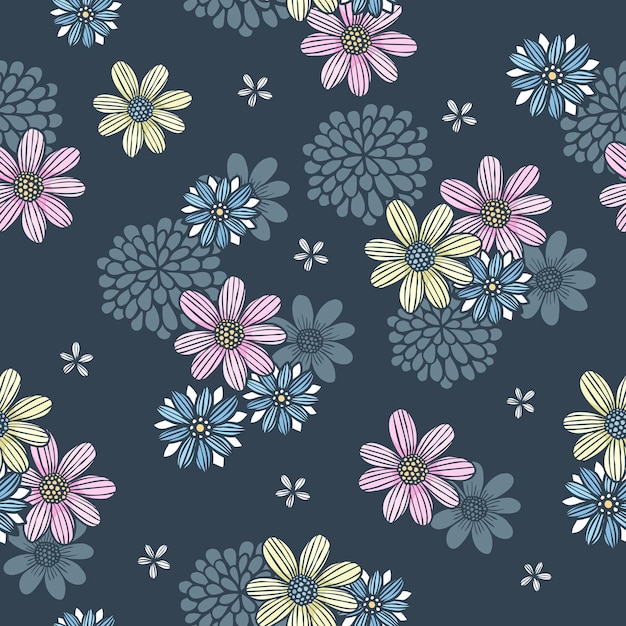 Elegante patrón floral sin fisuras sobre fondo azul.