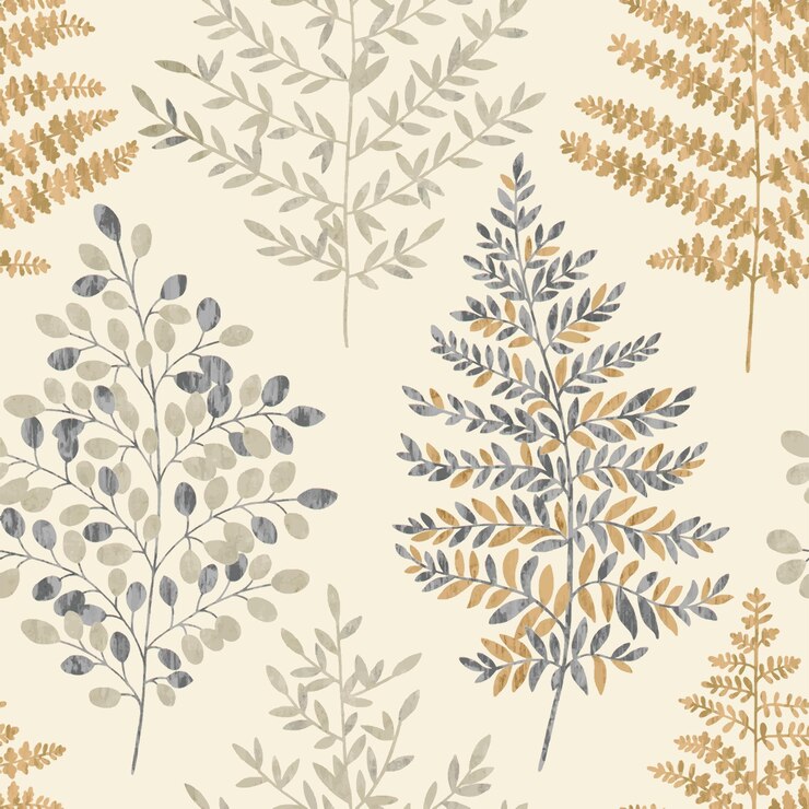 Vector elegante patrón floral con helechos grises y dorados sobre un fondo de crema