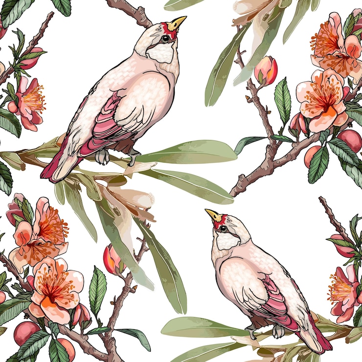 Vector elegante patrón floral y de pájaros dibujado a mano en un patrón botánico romántico estético vintage con flores en flor y motivos de la naturaleza