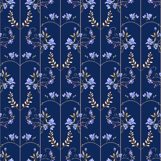 Elegante patrón floral de rayas curvas con flores azules en el fondo de la marina