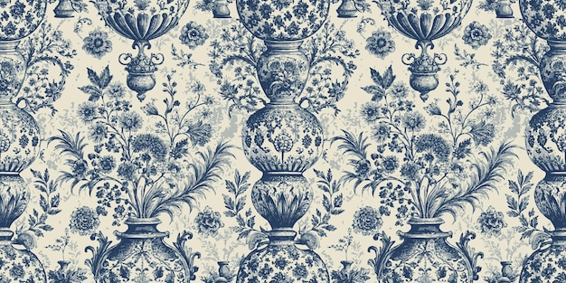 Elegante patrón de papel tapiz floral azul y blanco con jarrones y motivos botánicos