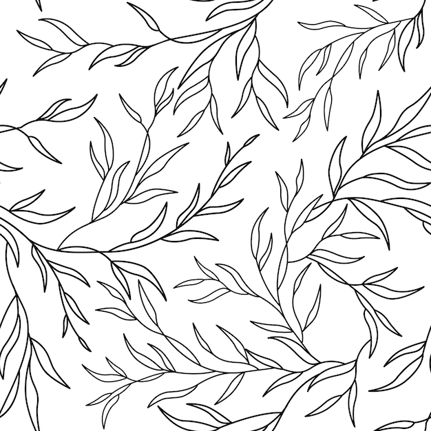 Elegante patrón vectorial sin costuras en estilo de arte lineal con ramas y hojas