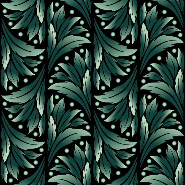 Elegante patrón vintage sin costuras con hojas verdes delicados ventiladores de gradiente verde sobre fondo negro