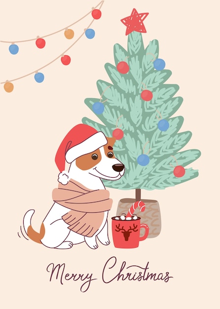 Elegante perro jack russell terrier en tarjeta de navidad