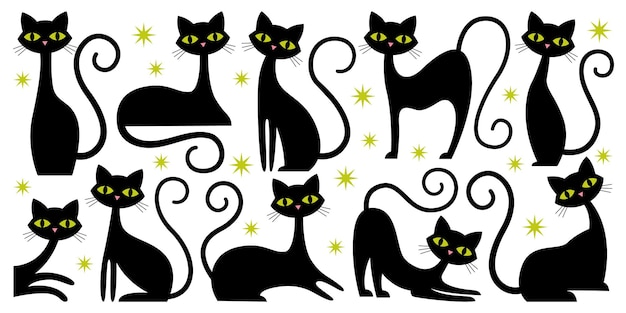 Elegante personaje de gato negro bonito en diferentes posturas y acción de moda patrón artístico sin costuras