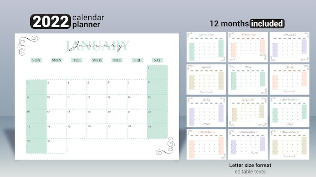 Vector elegante planificador de calendario mensual 2022 imprimible