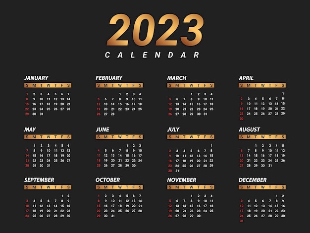 Elegante plantilla de calendario de año nuevo dorado 2023