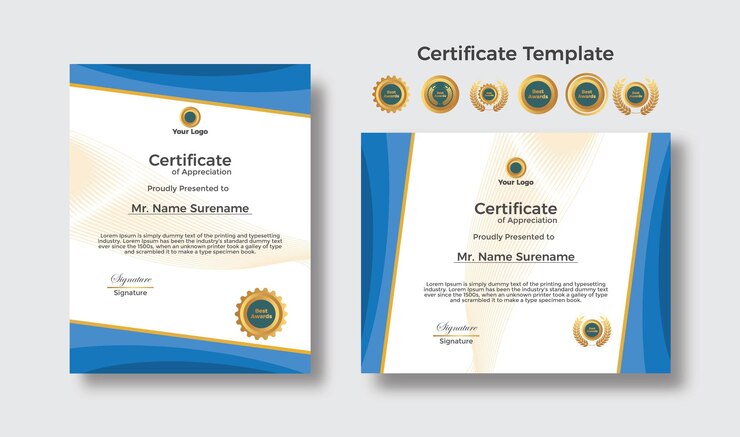 Elegante plantilla de certificado azul y dorado Vector Premium